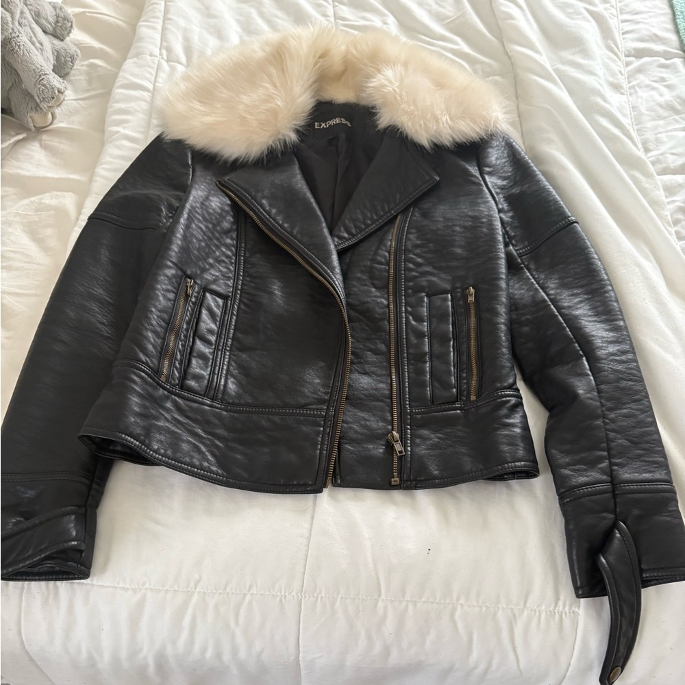 Express Black Leather Jacket with Cream Fur Collar